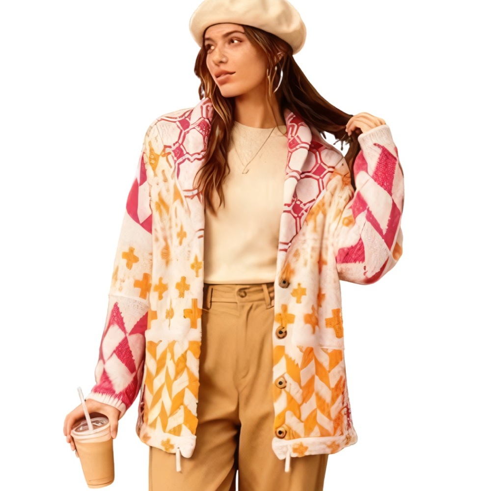 Pink/Orange Geometric Patterned Women's Cardigan Jacket OS